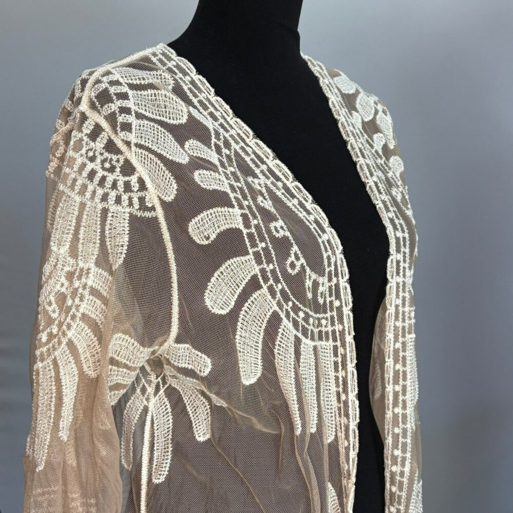 Beige Sheer Lace Duster With Intricate Embroidery Open Front Kimono Style Cover - Picture 2 of 7